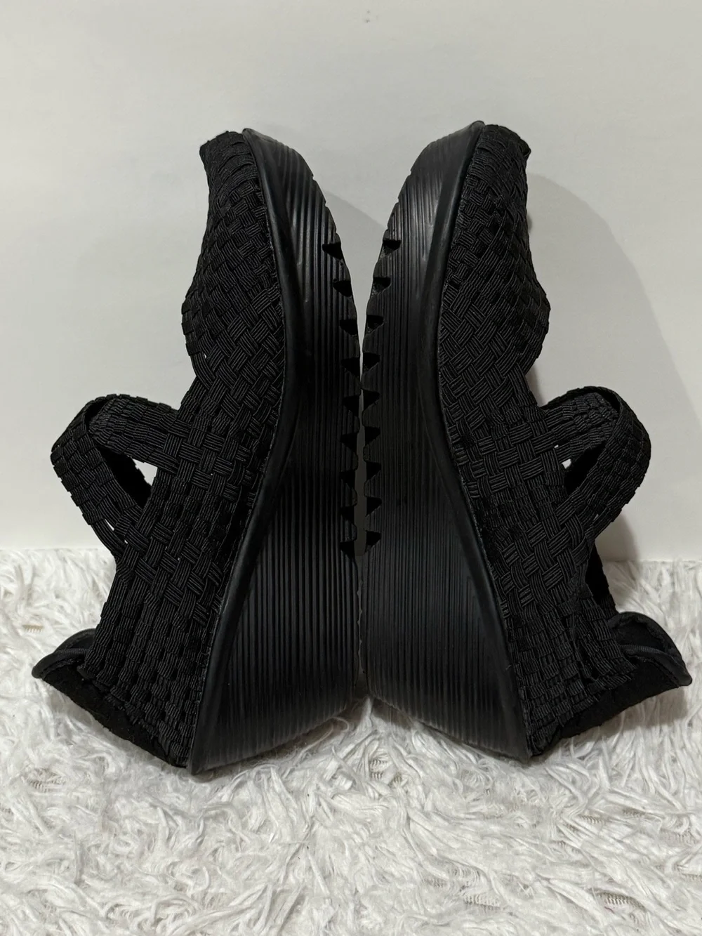 bernie mev. Black Woven Elastic Wedge Sandals Size 38 US7.5